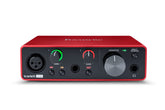 Focusrite Scarlett Solo front panel showing controls and LED Gain Halo for easy level setting