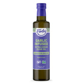 Fody bottle front view showing garlic-infused extra virgin olive oil for easy seasoning