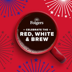 Folgers box beside a brewed mug showing serving size and expected strength