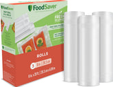 FoodSaver front packaging showing three 8x20' vacuum sealer rolls and key benefits