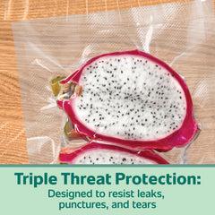 FoodSaver sealed quart bag with steak inside showing protection and leak prevention