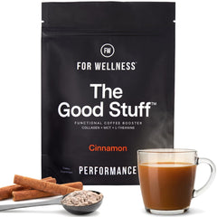 For Wellness front canister of Cinnamon Coffee Booster showing packaging and benefits