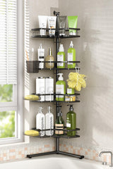 Foukus front view of standing corner shower caddy showing full four tiers and stability