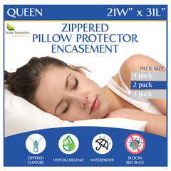 Four Seasons Essentials front packaging showing queen protector set and protective benefits