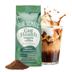 Four Sigmatic front packaging showing 12oz bag and benefits