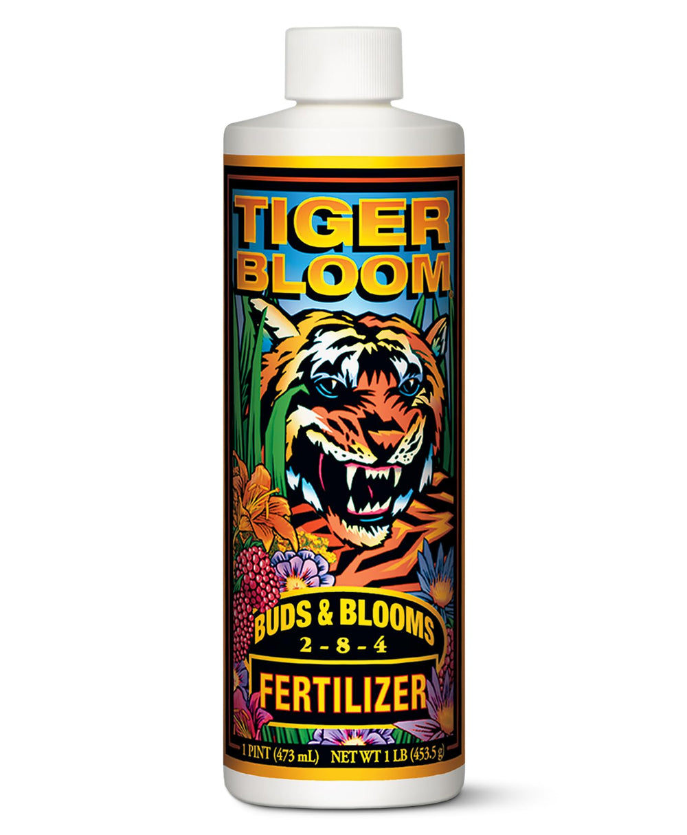 FoxFarm Tiger Bloom front label showing product name and 2-8-4 ratio, clear benefits