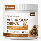 FQMUEV front packaging showing mushrooms and 120 chews for immune support