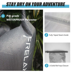 Frelaxy roll-top closure detail demonstrating secure watertight seal