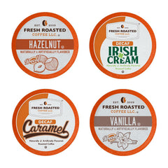 Fresh Roasted Coffee decaf variety pack front view showing 24-count box and branding benefit