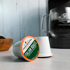 Fresh Roasted Coffee box next to common mug showing 96-count supply scale