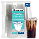Freshware front stack of clear 20 oz cups showing tidy bulk storage and fast setup