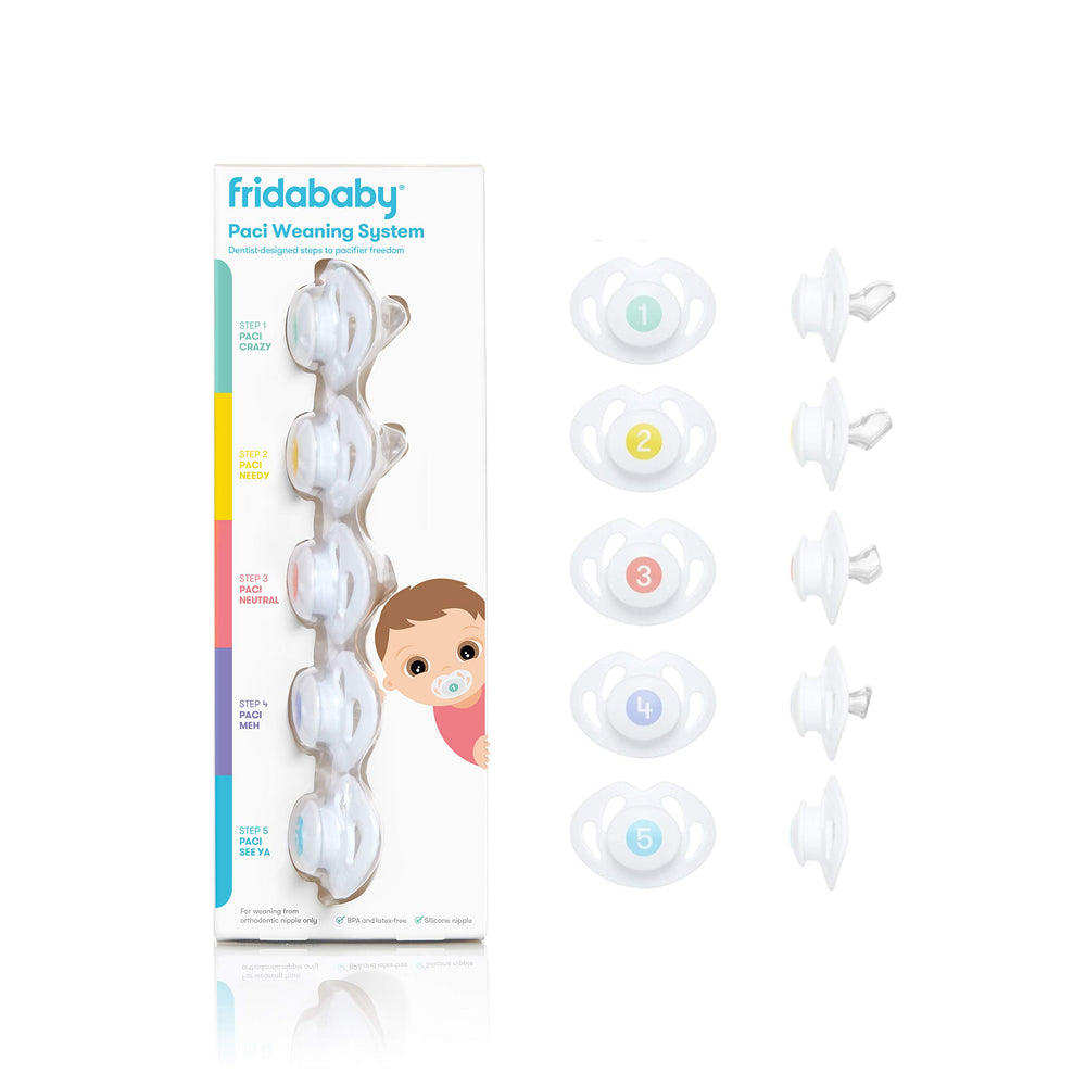 Frida front packaging showing the five-step weaning kit and clear benefits