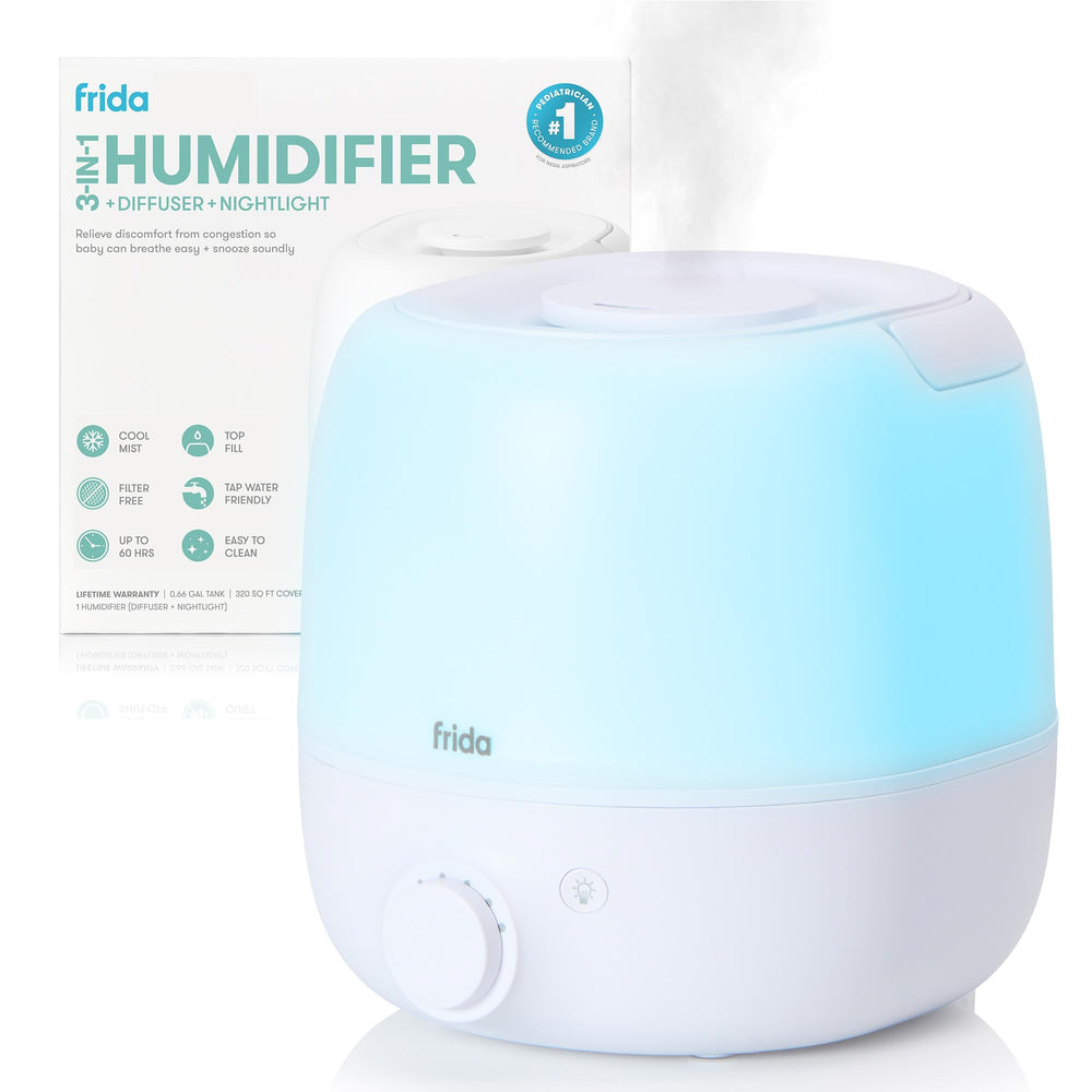 Frida front view showing humidifier and quiet operation benefit