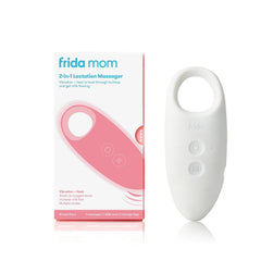 Frida Mom front view of white lactation massager showing sleek curved shape and controls, supports milk flow