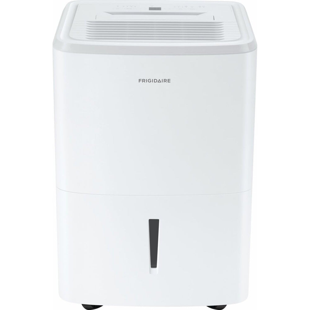 Frigidaire 50 Pint dehumidifier front view showing design and portability benefit