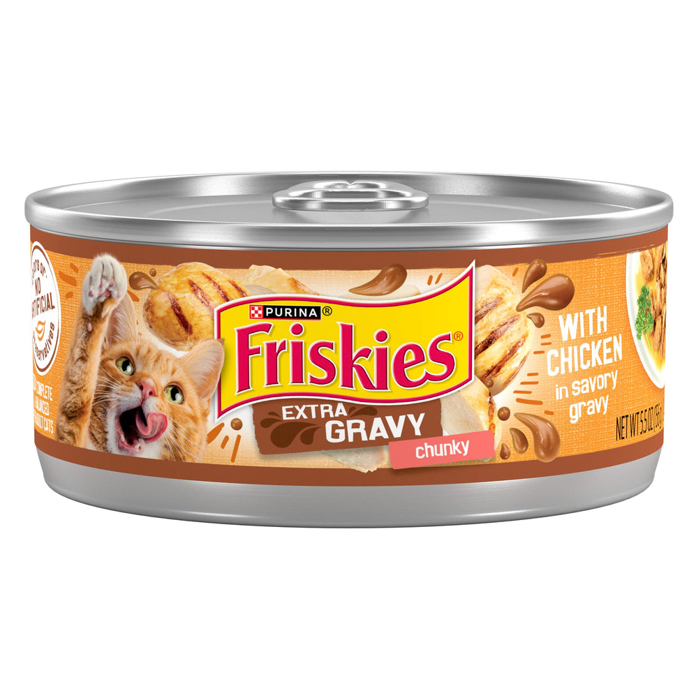 Friskies front pack showing chunky chicken cans and branding, highlights convenience