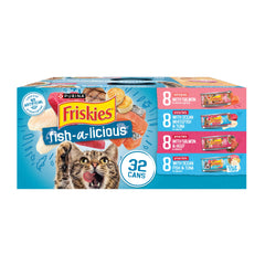 Friskies front packaging of Fish-A-Licious variety pack showing contents and benefit