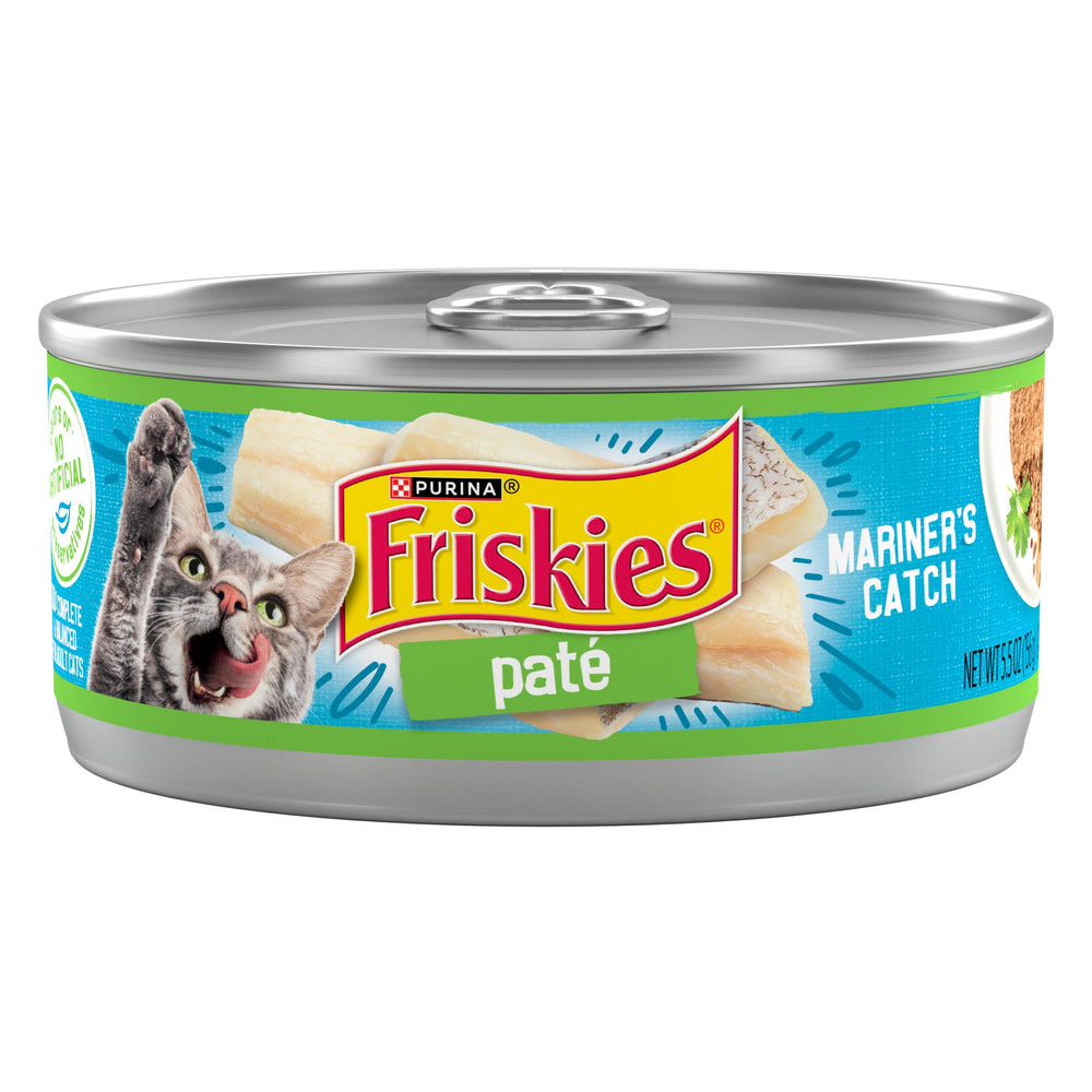 Friskies front can showing Mariners Catch label and clear branding benefit