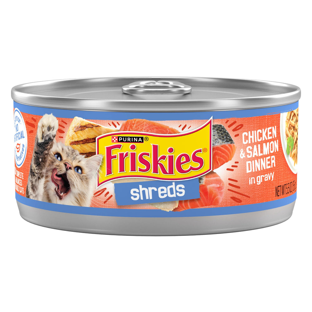 Friskies front packaging showing chicken and salmon to entice cats