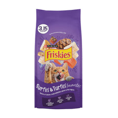 Friskies front packaging showing flavors and pack size for clear choice