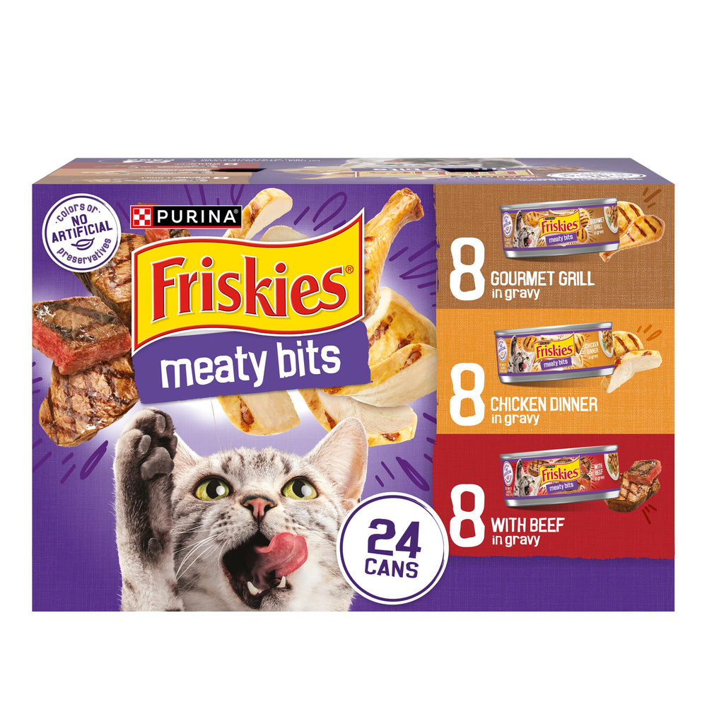 Friskies front packaging showing variety pack, clear product choice and convenience