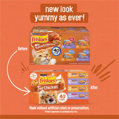 Friskies open can with chicken bits highlighting appetizing texture