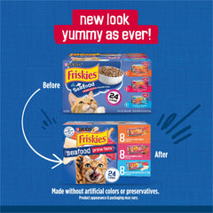 Friskies variety 24-pack stacked on shelf for easy pantry stocking benefit