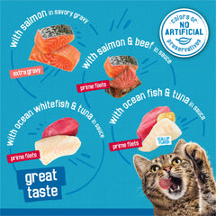 Friskies prime filets shredded chunks in sauce offering tender mouthfeel