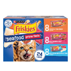 Friskies Prime Filets front can showing product image and benefit of variety