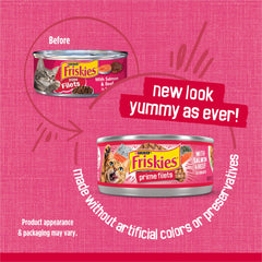 Friskies open can revealing shredded salmon and beef in sauce, highlighting moist texture