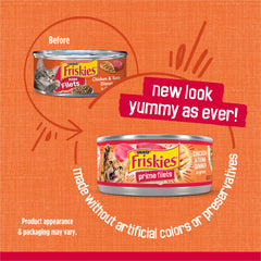 Friskies open can with gravy close-up, shows moist texture and aroma appeal
