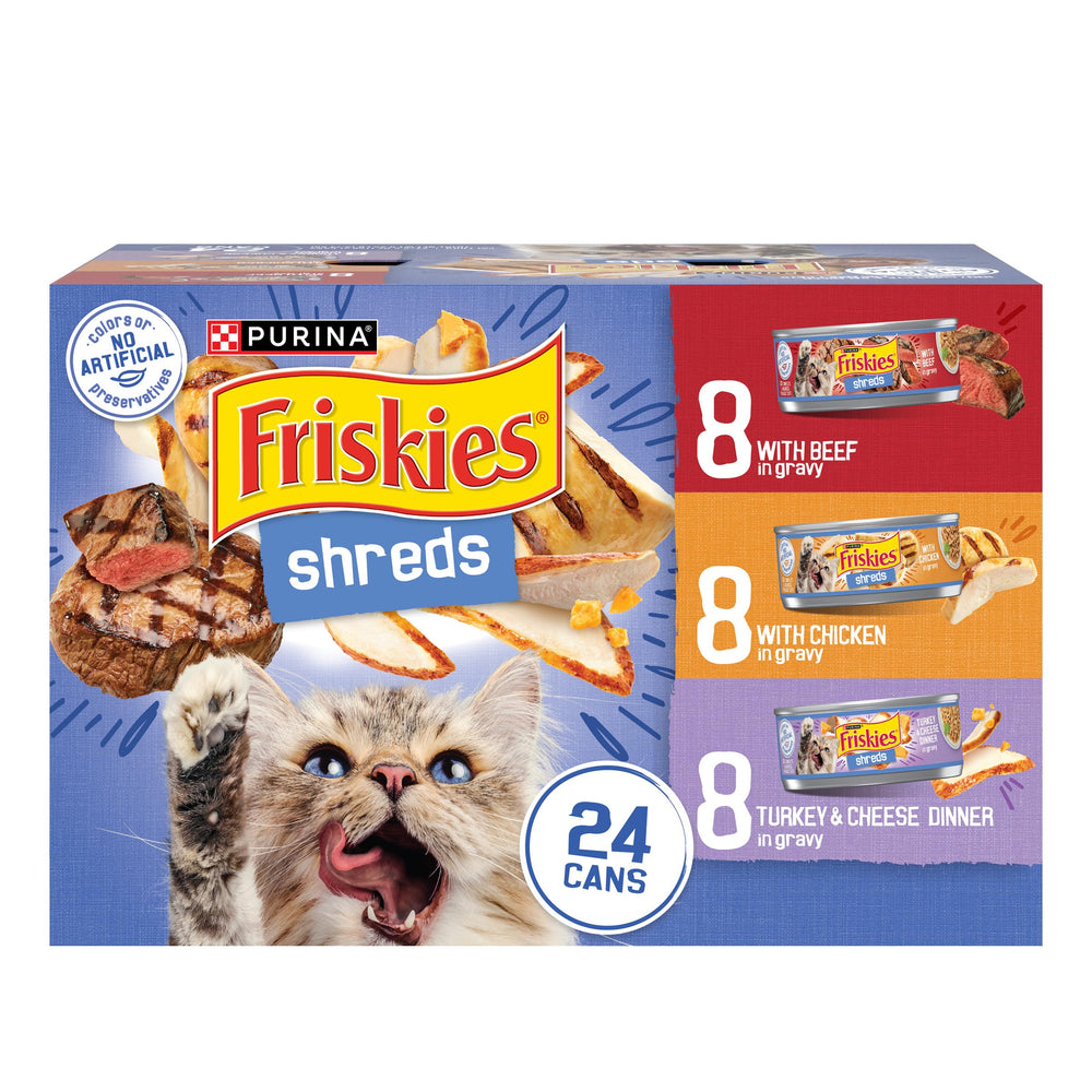 Friskies Shreds front-packaging shows variety and convenience