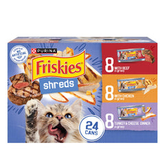 Friskies Shreds front-packaging shows variety and convenience