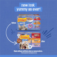 Friskies Shreds open can with gravy highlighting moisture appeal