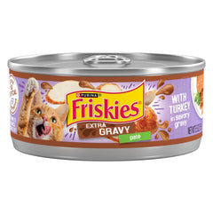 Friskies front can showing turkey pate and extra gravy benefit appetizing aroma
