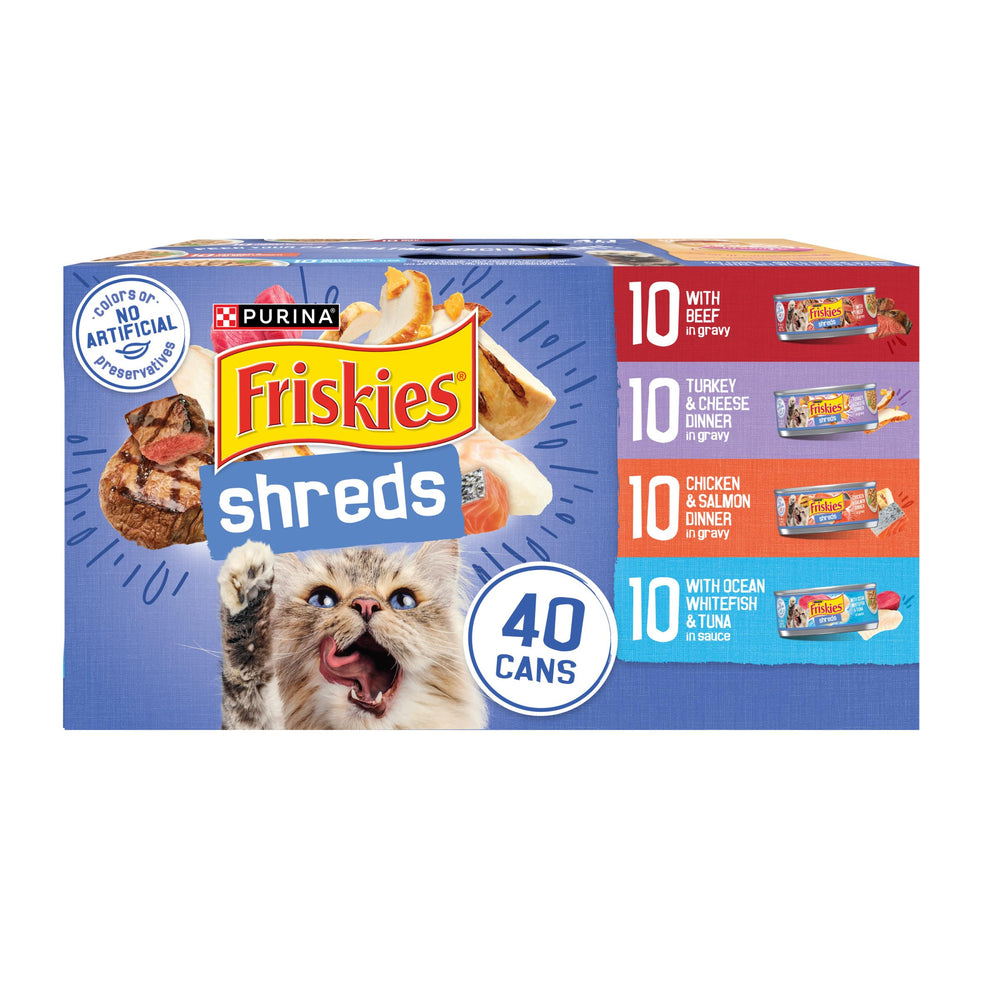 Purina Friskies front pack view showing 40-can variety and convenient supply