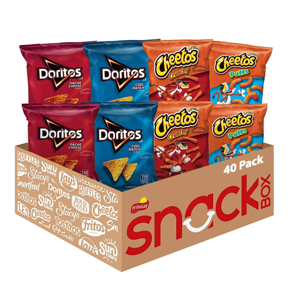 Frito‑Lay multipack box front showing mixed Doritos and Cheetos for easy storage
