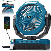 FRIZCOL front view of blue portable fan showing controls and handle for easy transport