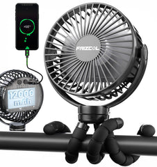 FRIZCOL front view clip-on fan showing secure stroller attachment and cooling benefit