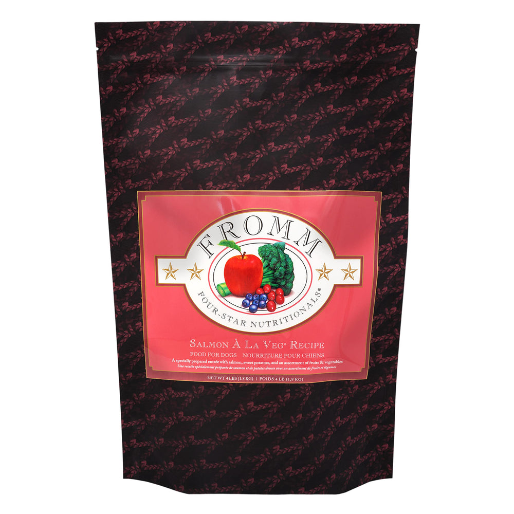 Fromm front packaging showing salmon recipe and premium branding benefits