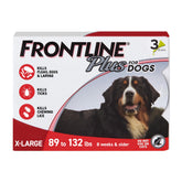 FRONTLINE Plus front packaging showing 3-pack and dosage for large dogs, clear protection benefit