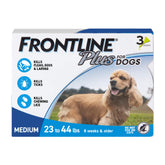 Frontline plus front packaging showing product for medium dogs and easy identification