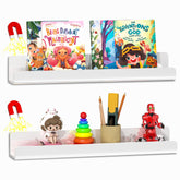 FUCDTEFC front view of two magnetic shelves showing organized books and markers for classroom convenience