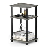 Furinno front view of French Oak side table showing neat three-tier storage benefit