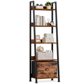 Furologee rustic brown ladder shelf front view showing 5 tiers and fabric drawer benefits organized storage