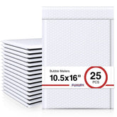 Fuxury front view of 25-pack white bubble mailers showing sealed stack and branding for reliable shipping