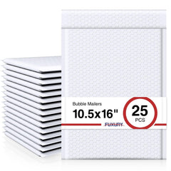 Fuxury front view of 25-pack white bubble mailers showing sealed stack and branding for reliable shipping