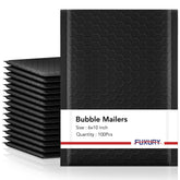 Fuxury front view of black bubble mailer showing professional finish and protection