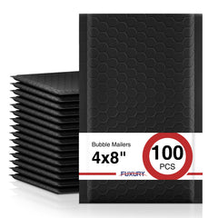 Fuxury front view of black 4x8 bubble mailer showing sleek packaging and professional look