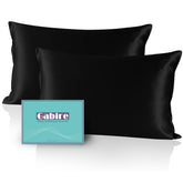 Gabire silk pillowcase front packaging showing two-pack and color benefit: sleek appearance